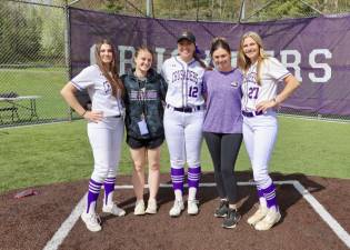 Crusader softball seniors and coaches (l-r), Madalana Bendix, Assistant Coach Jordan Earl, Arianna Exarchakis, Head Coach Taylor Sullivan and Olivia Shippee