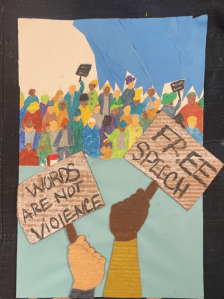 ”Peace 4 All,” oil pastel and collage work by Monroe-Woodbury High School senior Gus Lown.