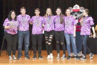 Monroe-Woodbury High School's Net Working Division 3 team wins first place. Left to right: Coach Kaitlin Blumberg, Jack Kralik, Dylan Wright, Alexi Berges, Fiona Leitner, Amara Leitner and Sophia Baer.