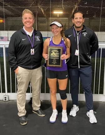 Monroe-Woodbury Athletic Director Lori Hock and Tennis Coach Tennis Chris Vero pose with Maeve Cassidy after she won the Section 9 Singles Championship.