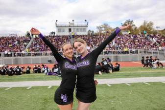 Senior co-captains Brooke Silver and Kassidy Schaffer on the field at the Pep Rally.
