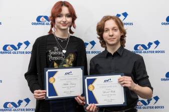 Adella Kurosz and Lionel Wolfe of Warwick Valley High School were among honorees during Orange Ulster BOCES Humanities Honoree Awards breakfast at the Country Club at Otterkill in Campbell Hall on April 13, 2023. Photo by Tom Bushey/Orange-Ulster BOCES.