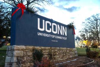 Holiday lights shine across campus on Nov. 28, 2023. (Sydney Herdle/UConn Photo)