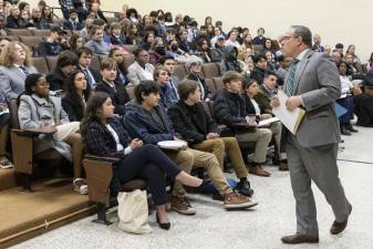 Honorable Craig S. Brown speaks at the start of the Orange-Ulster BOCES Division of Instructional Support Services’ Mock Trial multi-round competition on Saturday, March 18, at the Emanuel Axelrod Education Center in Goshen.