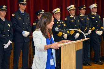 Lina Polchinski, the director of Curriculum and Instruction at the Greenwood Lake Elementary School, was the emcee at the school’s Sept. 11 ceremony. Photos by Ed Bailey.