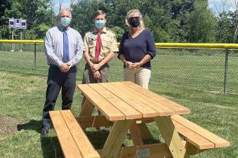 Pictured are Eagle Scout candidate Cody Shapiro, along with Monroe Town Supervisor Tony Cardone and Ann Marie Morris, the department head of Mombasha Park. Provided photo