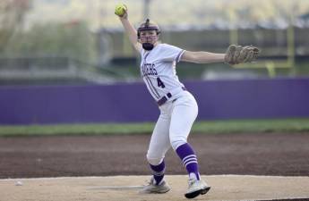 Crusader Valerie Pederson tossed a no-hit, 15-strikeout shutout of the Kingston High School Tigers last week. Photos by William Dimmit.
