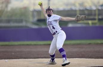 Crusader Valerie Pederson tossed a no-hit, 15-strikeout shutout of the Kingston High School Tigers last week. Photos by William Dimmit.