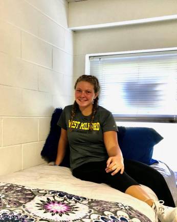 Renee Burns represents her hometown of West Milford at her dorm at Monmouth University (photo provided).