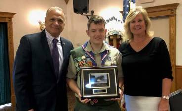 Pictured from left to right are Monroe Town Supervisor Tony Cardone, Eagle Scout Cody Schneider and Ann Marie Morris, the director of the Monroe Senior Center and Department Head for the Mombasha Park and Alex Smith Pavilion.