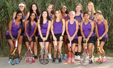 The 2019 Crusaders Varsity Tennis Team. From left to right, beginning in the top row: (L-R) top row Marian Welsh, McKenzie Finnen, Ava Donagher, Amaya Grant, Brooke Schoen and Quinn Guyt; and front, from left to right: Aishwarya Rajendran, Varsha Jegan, Alyx Sperling, Sophia Barry, Brooke Reese, Emma Cherian and Maeve Cassidy
