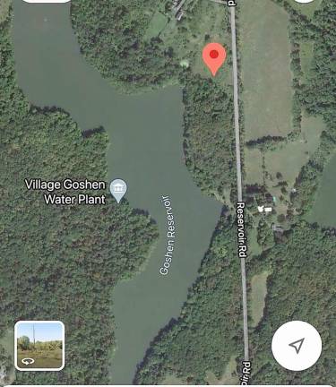 The red dot shows the location where State Troopers located Richard Stetson Monday evening following a report of a snowmobile accident in the Goshen Reservoir. Map courtesy of New York State Police.