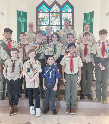 Pictured from left to right, beginning in the top row, are: Troop 440 leaders James Martinez, Ryan Kearney, Steven Thau and Gian Portanova; from left in the middle row: Nicholas Alappat, Matthew Capps, Patrick Martinez, Daniel Ruggiero, Michael Kearney, Nicholas Doran and Tyler Wood; and in front: Lincoln Pearce, Donovan Ross, Israel Gopee and Michael Alappat. Photo provided by Steven Thau/Troop 440.