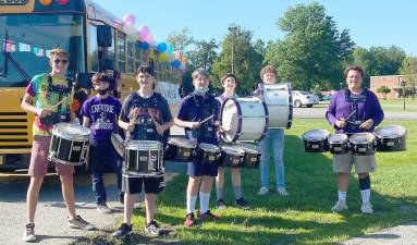 Pictured from left to right, members of the The Monroe-Woodbury Drumline are Jeremy Lanuti, William Nicoll, Ryan Ezratty, Ryan Kiesel, James Nicoll, Matt Coloma and Josh Leviseur. Photo by Diane Leviseur.