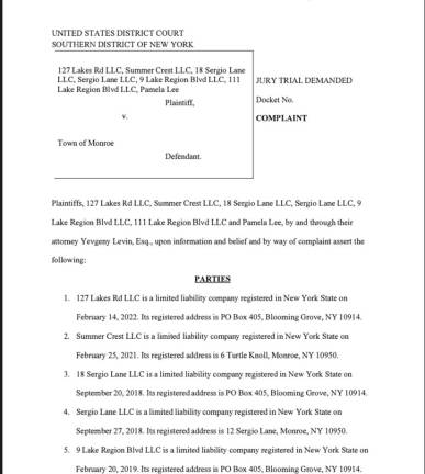 Page 1 of the lawsuit served to the Town of Monroe last week.