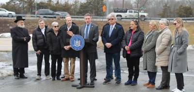 Sem. James Skoufis, joined by state and local politicians announces efforts to alleviate congestion at a busy Monroe-Woodbury intersection.