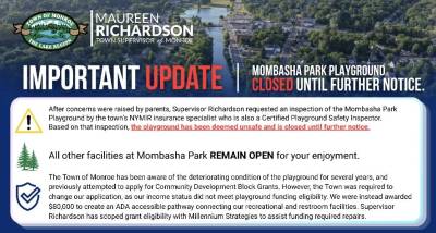 Notice released by the Town of Monroe informing the community of the Mombasha Park playground closure.