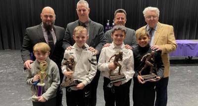 Front Row, L to R: Tiny- Mite Sean Sundheimer, Mitey-Mite Gray Gilkeson, Jr. PeeWee Matt Spence, PeeWee/U12 Kelly Sullivan. Second Row, L to R: Tiny-Mite Head Coach Chris Sullivan, Mitey-Mite Head Coach Pat White, Jr. PeeWee Head Coach Rick McFadden, and PeeWee/U12 Head Coach Bill Scully.