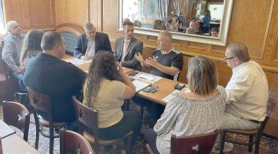 Assemblyman Colin J. Schmitt and state Conservative Party Chairman Gerard Kassar met Friday with Orange County Legislator Peter Tuohy, members of the Monroe Chamber of Commerce and area small business owners, Village of Monroe Trustee Dorey Houle and Town of Monroe Supervisor Tony Cardone at the Empire Diner in Monroe. Provided photo.