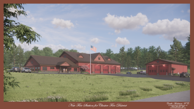 Proposed new Trout Brook Firehouse at 712 Lakes Road in Monroe. Rendering courtesy of Cirillo Architects