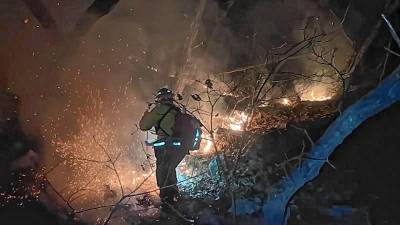 Ranger Philip Parlier helps battle the March 30 brush fire in Monroe.