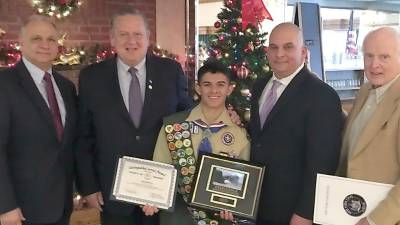 Pictured from left to right are: Tony Cardone, Town of Monroe supervisor, Peter Tuohy, Orange County legislator, Richard Toledo, Eagle Scout Award recipient, Sal Scancarello, Town of Monroe councilman, and Brendan Coyne, mayor of Village of Cornwall-On-Hudson.