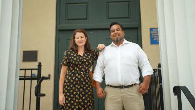 Orange County Historian Johanna Yaun and Sergio Villavicencio, chair of the New York City Semiquincentennial Committee, at a planning meeting held at the 1841 Courthouse in Goshen in August.
