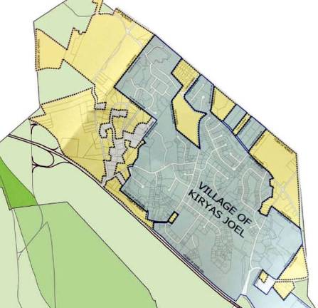 Images in yellow represent the properties whose owners have asked to be annexed from the Town of Monroe into the Village of Kiryas Joel. A piece of state legislation that would give Orange County planners oversight over the annexation propoals awaits the govenor&#xfe;&#xc4;&#xf4;s signature following it passage this week by both the Assembly and the Senate.