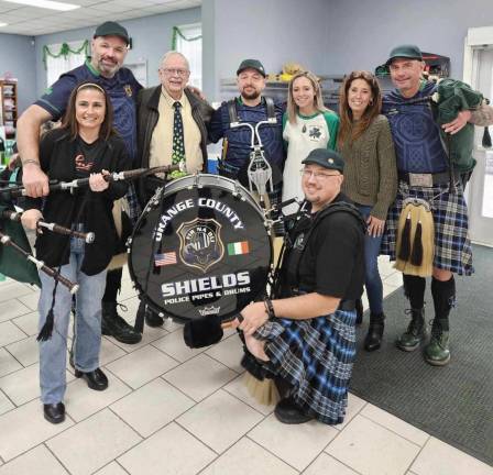 Members of the Orange County Shields Police Pipes and Drums are pictured here with Woodbury Supervisor Kate Luciani, Deputy Supervisor Teresa Luongo and Councilwoman Kelly Rinaldi.
