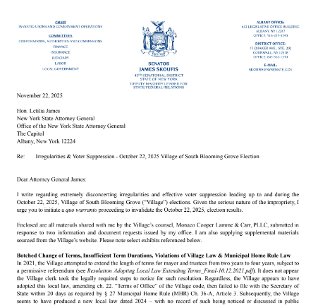 Copy of letter sent to Attorney General Letitia James from Sen. James Skoufis.