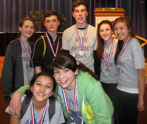 Team Mazzola HS Problem #1 Division III: Nancy Rutishauer, left, Ishita Krishan, Nicholas Sullivan, Natalie Davidson, Jordan Glass, Heather Rutishauser and Katrina Paredes.