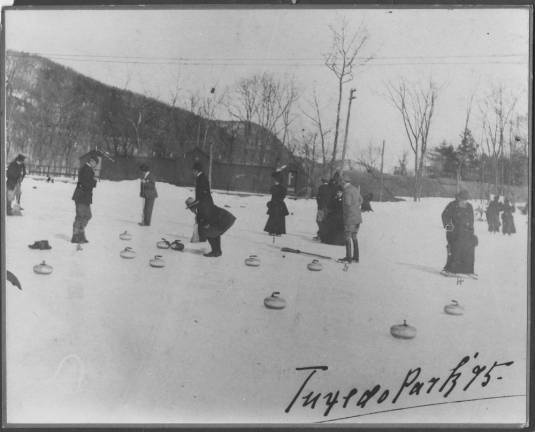 Curling on Tuxedo Lake in 1895. The man on the far right is pushing an ice sled. Photo provided by the Tuxedo Historical Society.