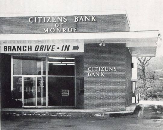 Photo courtesy of the Monroe Historical Society In 1965, Citizens Bank of Monroe celebrated its 50th anniversary. In it's commemorative brochure, bank officials took note of the the financial institutions's first drive through. &quot;A growing community requires additional facility, including the convenience of drive-in banking,&quot; reads the promotional materail. &quot;We introduced this to Monroe on August 1, 1960 with the opening of our first branch office on Route 17M.&quot;