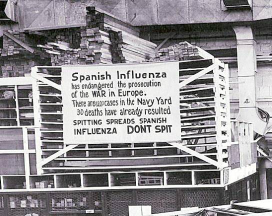 A Spanish Influenza sign at the Brooklyn Navy Yard in 1918.