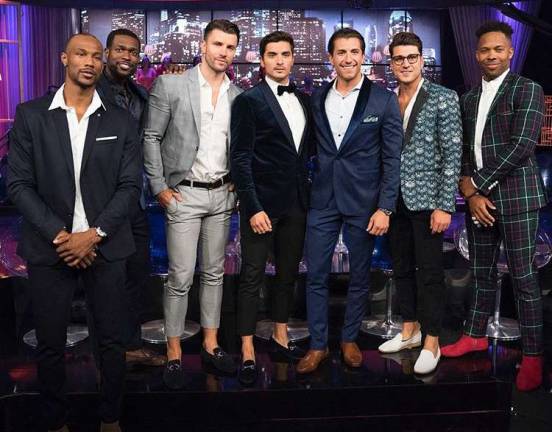 Kamil Nicalek of Monroe (third from left) with other former Bachelorette contestants during last week&#x2019;s &#x201c;Tell All&#x201d; episode.