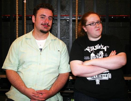 Co-directors Dominick Pascullo and Sarah Fields pose backstage at the Monroe-Woodbury High School auditorium prior to a recent rehearsal for &quot;The Phantom Tollbooth Jr.&quot; Both Dom and Sarah &quot;learned the ropes&quot; of theater, stagecraft and directing through the shows they did at M-W High School with Stacey Hintze, from their dramatic and musical work on many Souza productions, and their individual college experiences once they left high school.