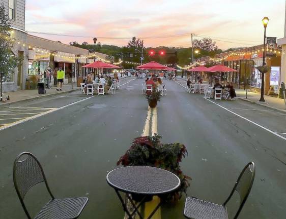 Lake Street in the Village of Monroe is closed to traffic on Friday and Saturday evenings in October so patrons can enjoy socially distanced Al Fresco dining.