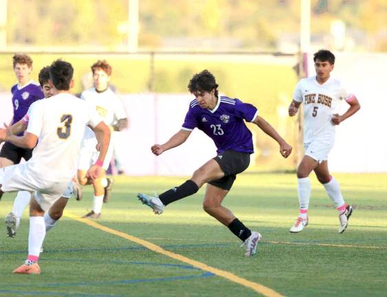 Nick Almeida drilled this shot into the goal to put the Crusaders up 1-0.
