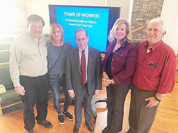 Pictured are Town of Monroe Board of Ethics members Paul Phelan, Kathy Aherne, Ann Marie Morris and Tom Sullivan with presenter Steve Leventhal.