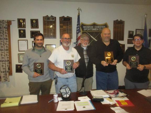 Members were presented Sportsmen of the Year awards by President Roy Zucca, center. Left to right Alex Adamo, Pat Heffernan, President Roy Zucca, Jim Ferrigno, and Kevin Palacino.