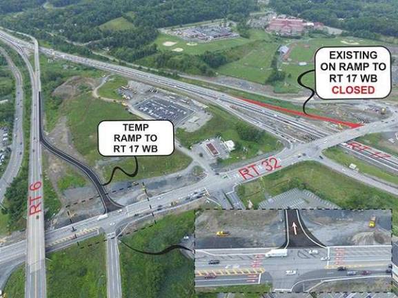 This rendering shows the location of the new ramp off of Route 32 in Central Valley to access westbound Route 17. The state predicts that its plans to simplify driver navigation and to speed access to stores will reduce accidents and traffic backups by 50 percent in the area near Woodbury Common. The work is to be done in October 2019.