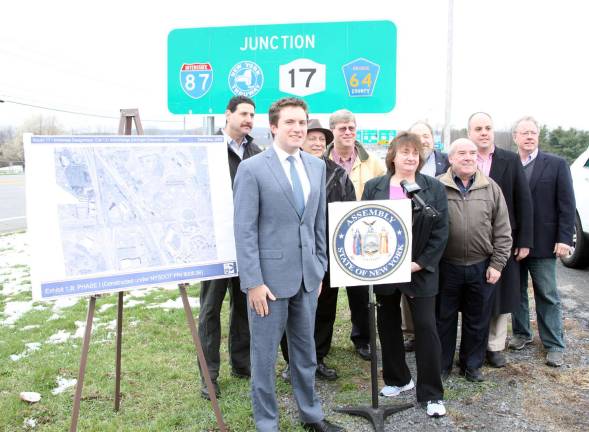 Photo by Linda Mastrogiacoma Assemblyman James Skoufis discusses plans for the reconfiguration of the Route 17 Exit 131 area at a press conference last Monday at the Central Valley Elementary School. Among the attendees were Woodbury Supervisor David Sutz, Woodbury Mayor Michael Queenan, Harriman Mayor Stephen Welle, members of the town and village boards as well as representatives from Woodbury Community Ambulance and the Woodbury Police Department.
