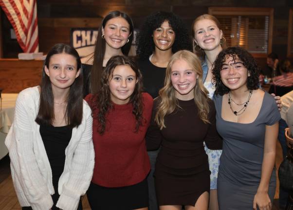 Monroe-Woodbury 2025 Cross Country team seniors (rear l-r) Caitlyn Thau, Shayla Hache-Rose and Kate Anderson along with Anna Cancelieri, Rachel Yap, Addison Ferretti, and Isabella Rose Navarro.