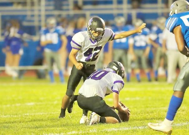 Eddie Fennessy (#42) hit field goals of 33 and 22 yards in the Crusaders' 20-13 victory over Valley Central.