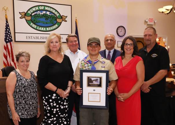 Pictured left to right: Valerie Bitzer, Town Clerk, Ann Marie Morris, Senior Center Director and Department Head, Mombasha Park &amp; Alex Smith Pavilion, Councilman Mike McGinn, Eagle Scout Award Recipient, Noah Sequeiros, Supervisor Tony Cardone, Councilwoman Dorey Houle and Bill Brown, Deputy Highway Superintendent