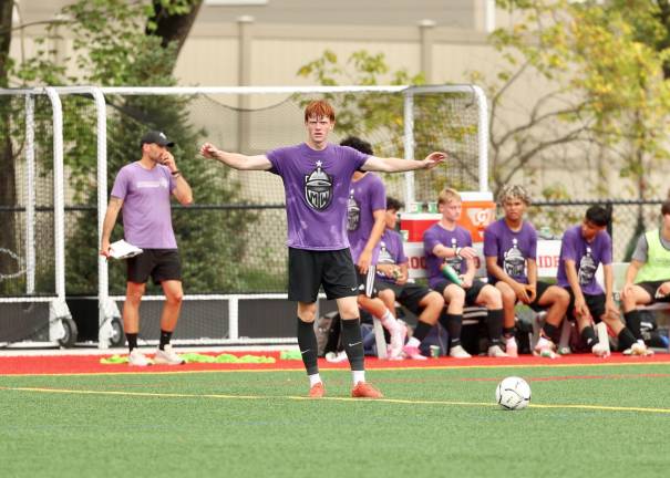 Liam McGee gets ready to take a free kick against the Red Hawks.