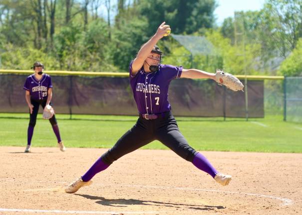 Isabella Brelesky #7, pitched a 1 hit shut out for the Crusaders victory.