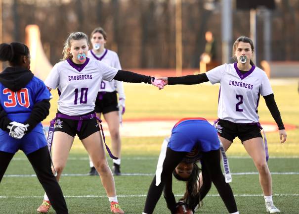 Crusaders defensive line #10 Elina Wood and #2 Lia Taber sent the tone for the Crusaders defense as they recorded their second shut out.