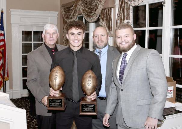 Conor Fitzgibbon, winner of the Neil Ingenito “Most Valuable Defensive Player Award and Team MVP, with Jim Hintze, Head Coach James Sciarra and Assistant Coach Rob Kelly.