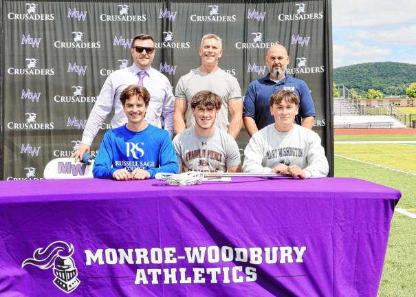 L-R Back: Dean of Students Dylan Ferrier, lacrosse head coach Steven Brown, and assistant coach Christian Sullivan with (L-R Front) Carson Pesce, who’s heading to Russell Sage; Dominick Cosenza, who has committed to Franklin Pierce; and Brian Sullivan, who will be attending Mary Washington.